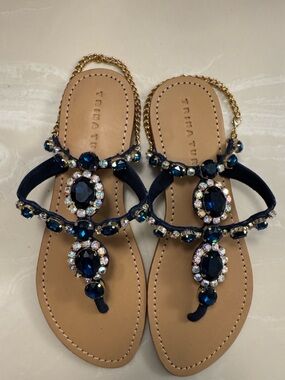 Trina Turk Navy Blue Jewel T-Strap Sandals with Gold Chain